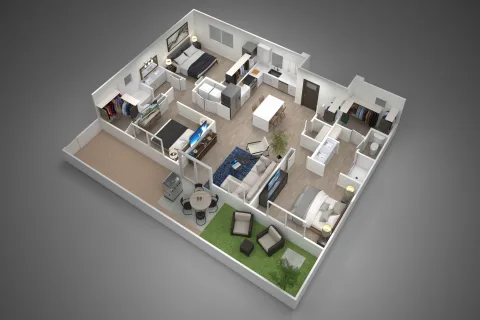 Pinnacle 3 bed 2 bath floorplan image 3D New pet-friendly apartment homes for rent with private fenced backyards in Arizona, Texas, Florida, and North Carolina with pool, pickleball, dog park, gym, clubhouse and gated community. *No breed or weight restrictions. Yardly