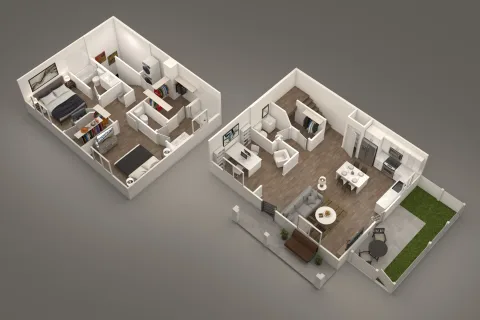 Thrive 2 bed 2.5 bath floorplan image 3D New pet-friendly apartment homes for rent with private fenced backyards in Arizona, Texas, Florida, and North Carolina with pool, pickleball, dog park, gym, clubhouse and gated community. *No breed or weight restrictions. Yardly
